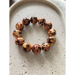 Faux Tortoise Shell Acrylic Bead Stretch Bracelet Chunky Round Brown Beads Bold